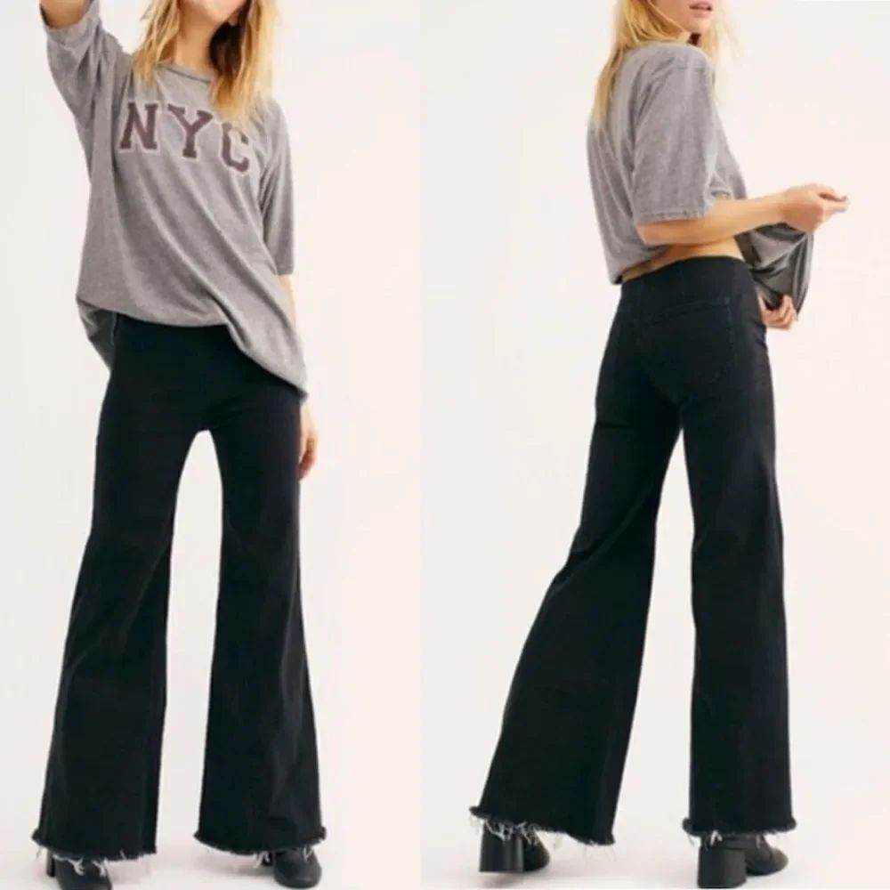 Free People We The Free Drapey A-Line Pull On Flare Raw Hem Jeans Black